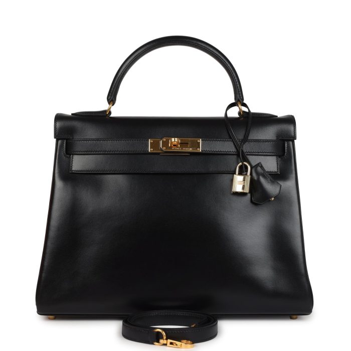 Vintage Hermes Kelly Retourne 32 Black Box Gold Hardware