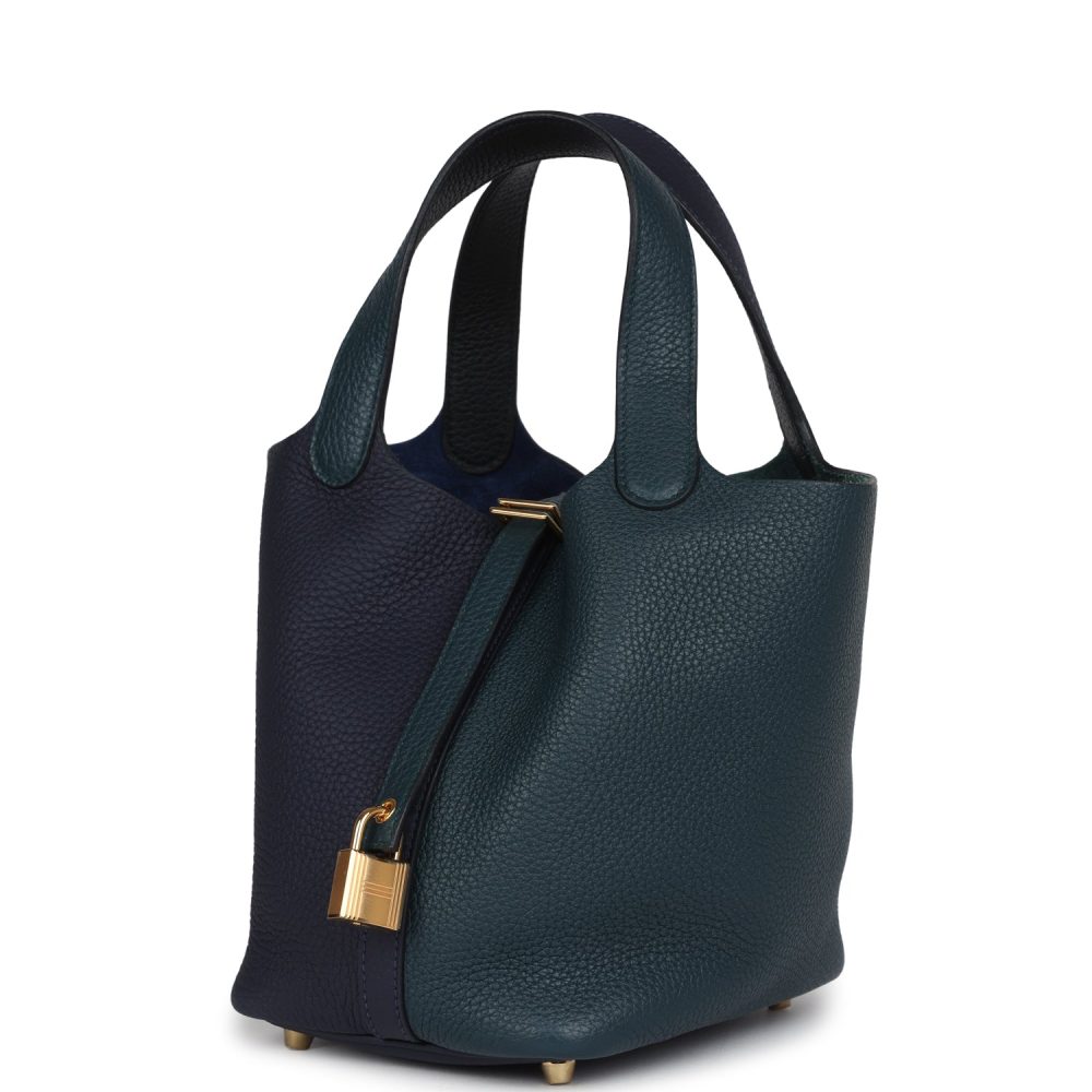 Hermes Picotin Lock 18 Casaque Bleu Nuit and Vert Cypress Clemence Gold Hardware - Image 5